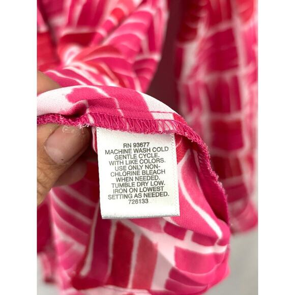 Liz Claiborne Women's Sheer Blouse XL Red Pink White V-Neck Pullover Pattern - Picture 4 of 10